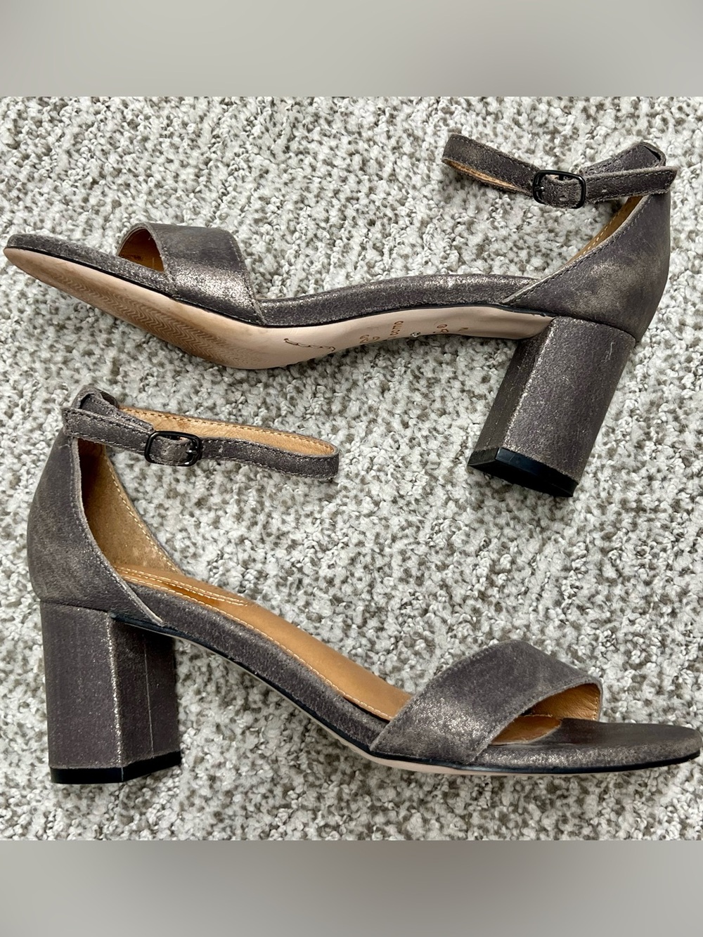 Corso Como Metallic Pewter Leather Ankle-Strap Block Heel Sandals 7 M